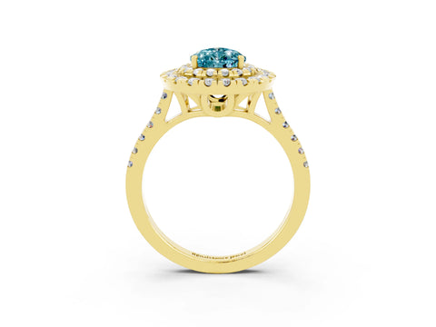 Yellow gold Double Halo Pear Cut Blue Topaz Pavé Band with Four-Prong Setting_3