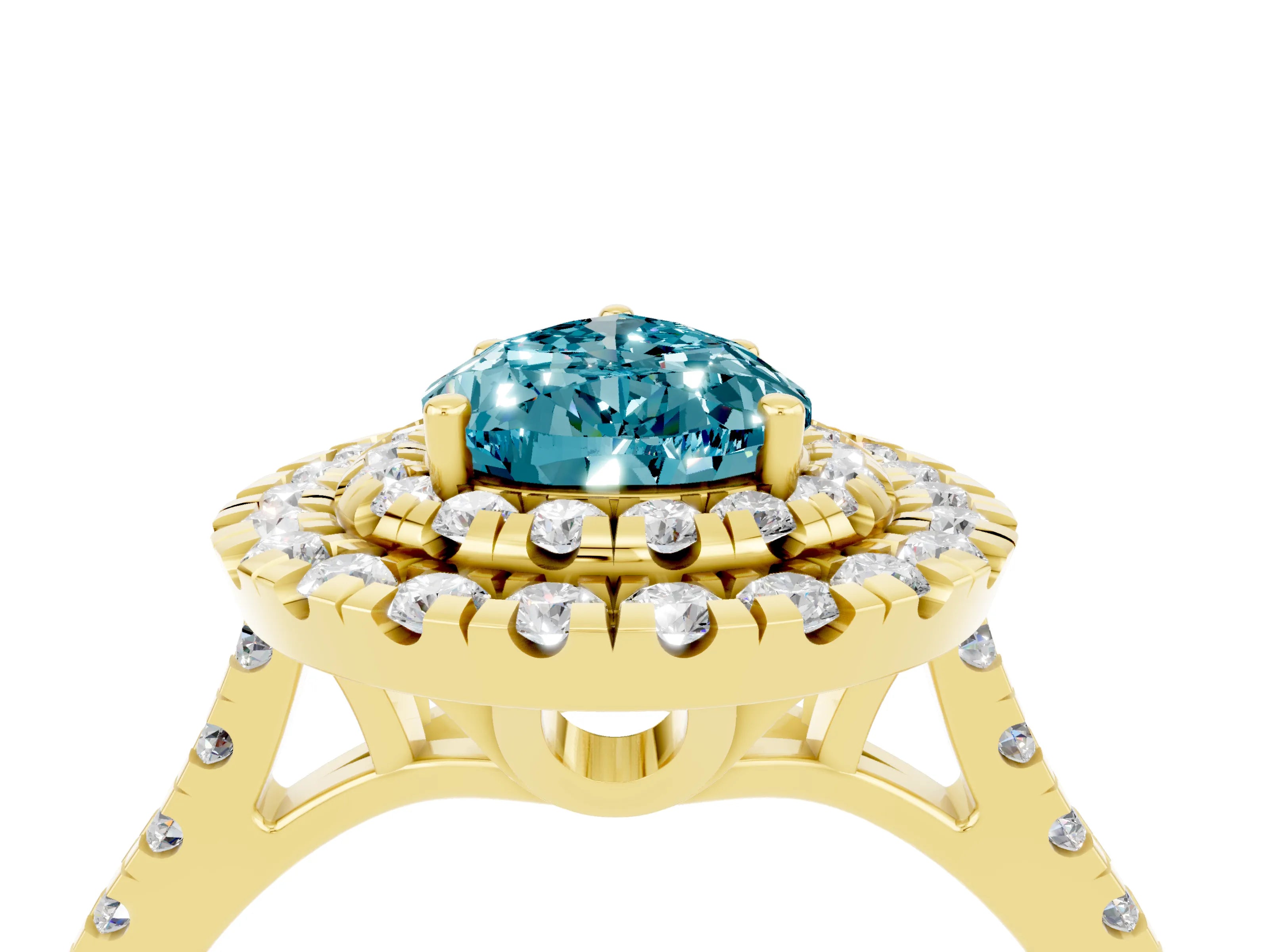 Yellow gold Double Halo Pear Cut Blue Topaz Pavé Band with Four-Prong Setting_4