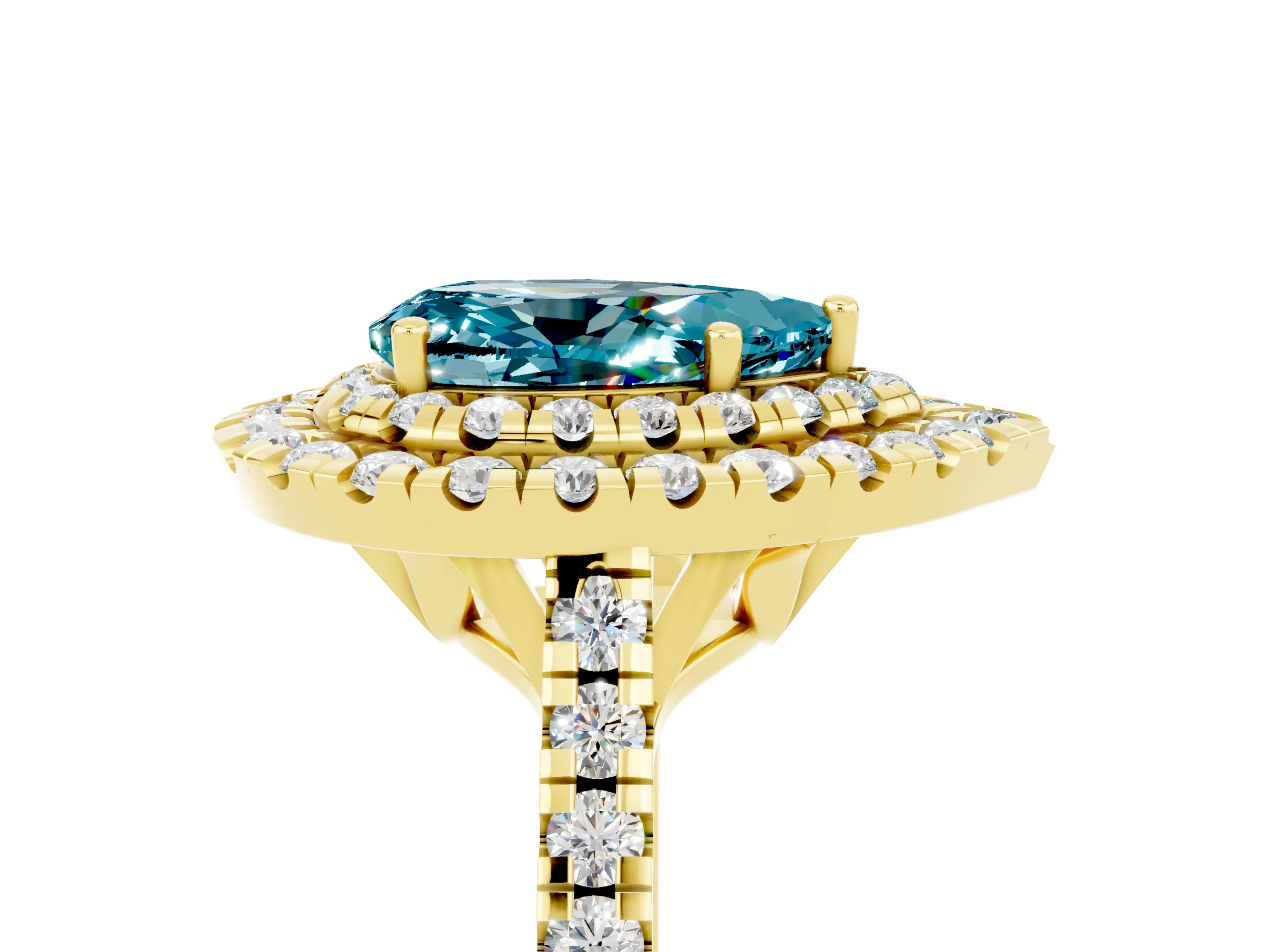 Yellow gold Double Halo Pear Cut Blue Topaz Pavé Band with Four-Prong Setting_5