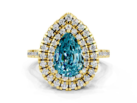 Yellow gold Double Halo Pear Cut Blue Topaz Pavé Band with Four-Prong Setting