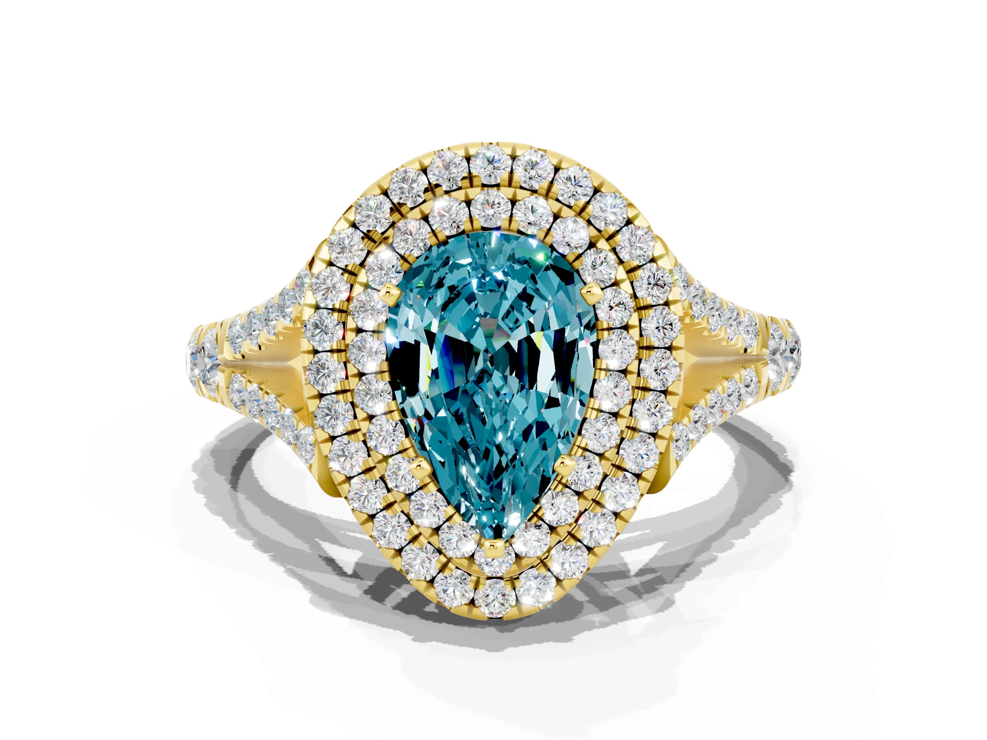 Yellow gold Double Halo Pear Cut Blue Topaz Pavé Split Shank Ring with Prong Setting