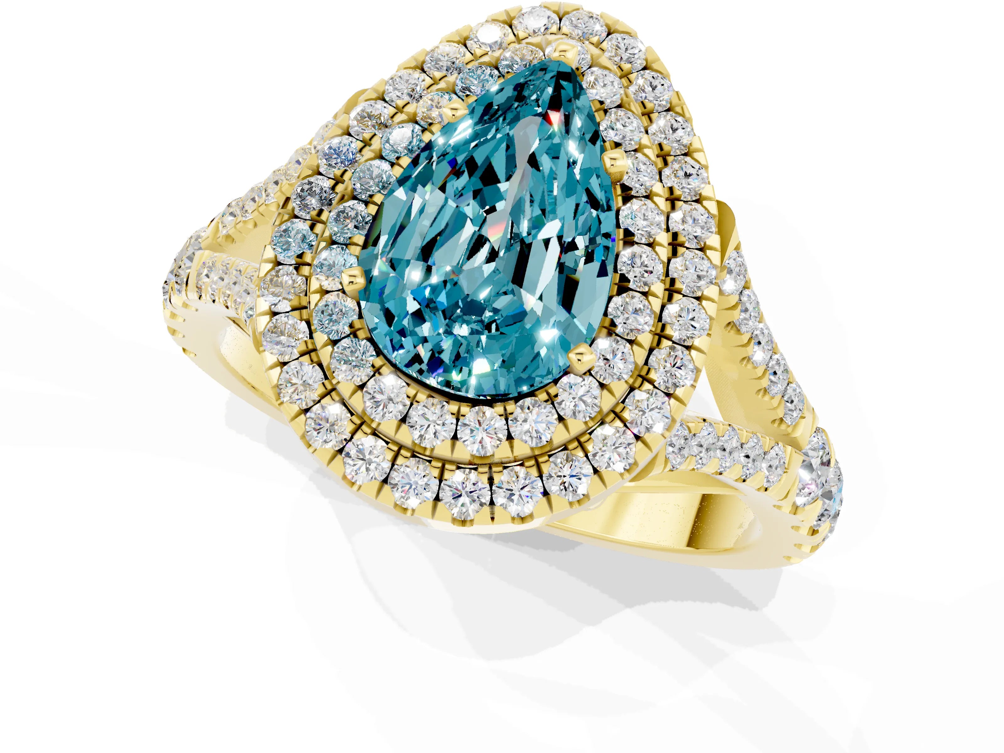 Yellow gold Double Halo Pear Cut Blue Topaz Pavé Split Shank Ring with Prong Setting_1