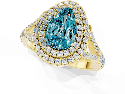 Yellow gold Double Halo Pear Cut Blue Topaz Pavé Split Shank Ring with Prong Setting_1