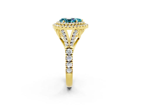 Yellow gold Double Halo Pear Cut Blue Topaz Pavé Split Shank Ring with Prong Setting_2