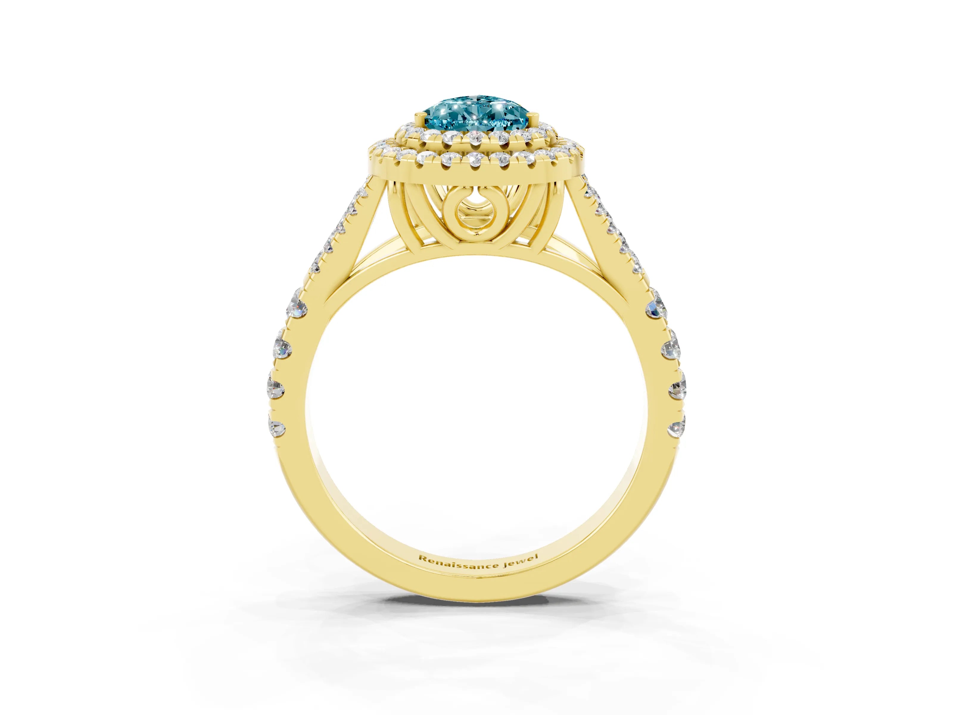Yellow gold Double Halo Pear Cut Blue Topaz Pavé Split Shank Ring with Prong Setting_3