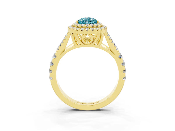 Yellow gold Double Halo Pear Cut Blue Topaz Pavé Split Shank Ring with Prong Setting