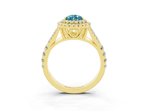 Yellow gold Double Halo Pear Cut Blue Topaz Pavé Split Shank Ring with Prong Setting_3