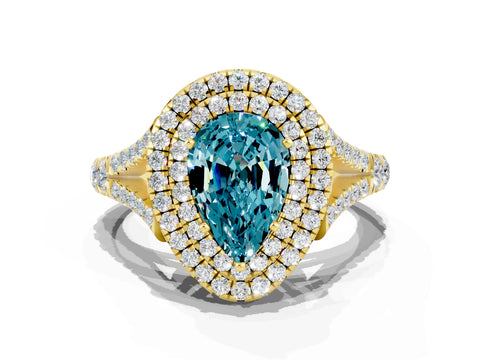 Yellow gold Double Halo Pear Cut Blue Topaz Pavé Split Shank Ring with Prong Setting
