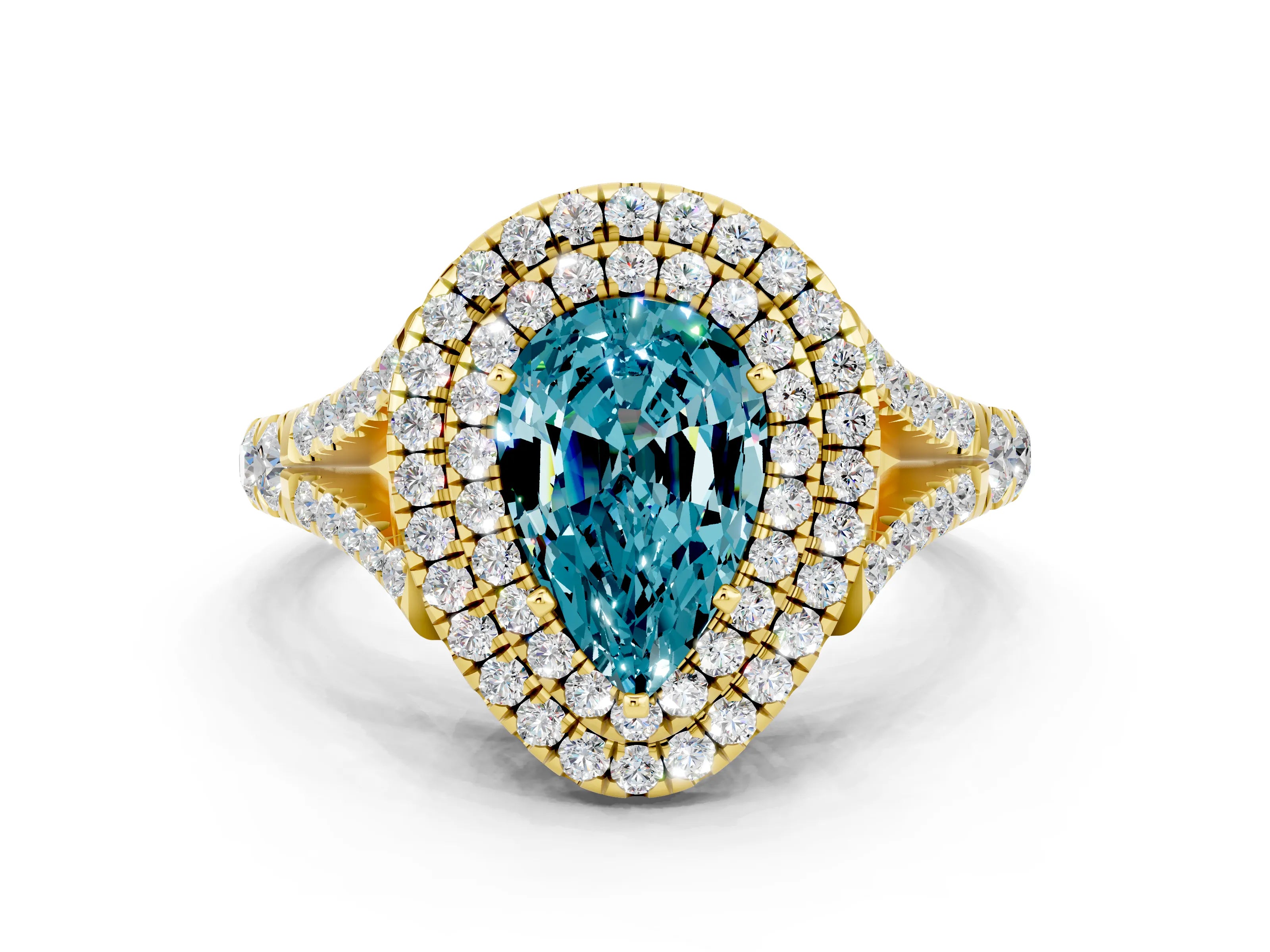 Yellow gold Double Halo Pear Cut Blue Topaz Split Shank Engagement Ring with Four-Prong Setting