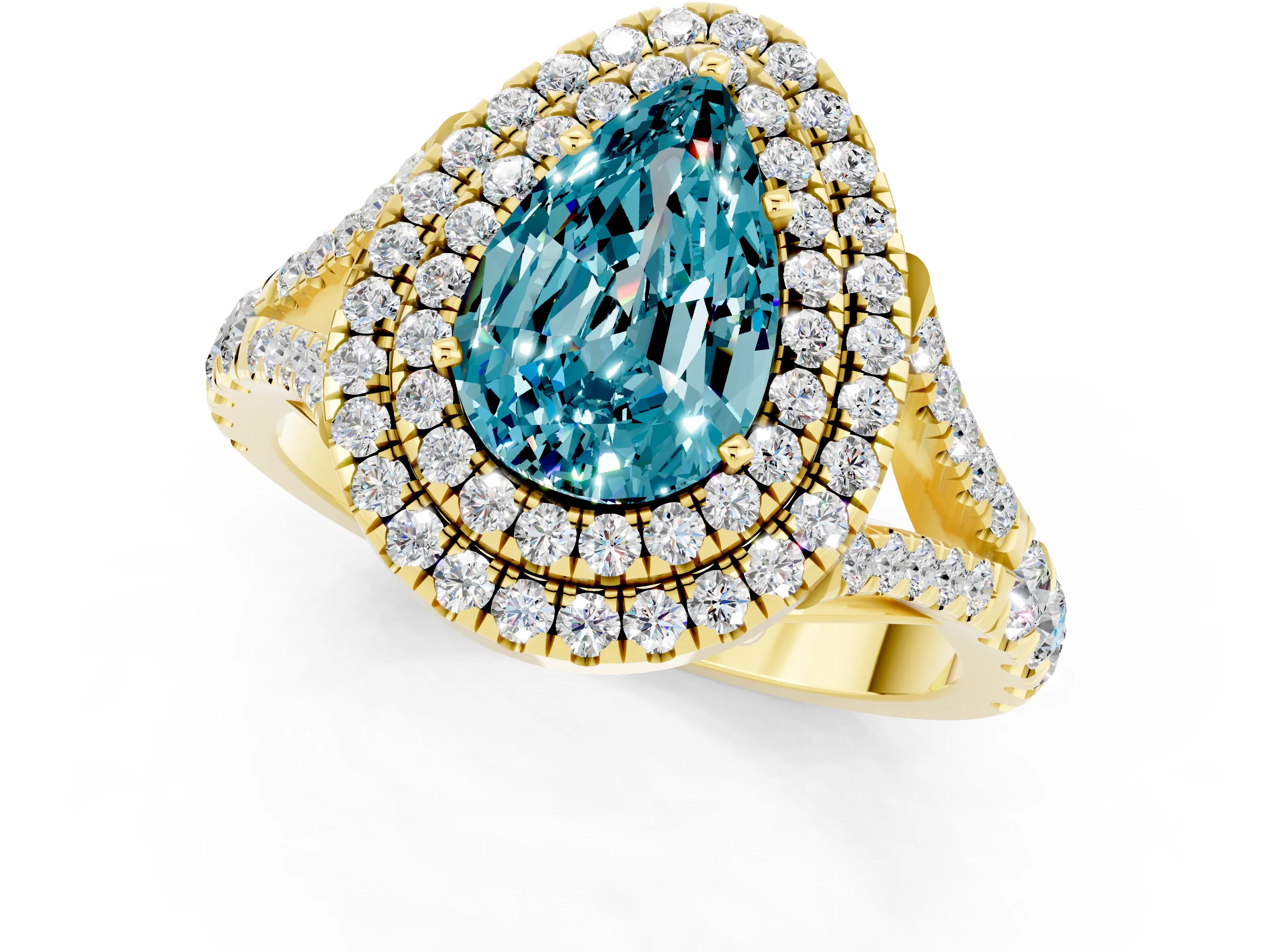Yellow gold Double Halo Pear Cut Blue Topaz Split Shank Engagement Ring with Four-Prong Setting_1