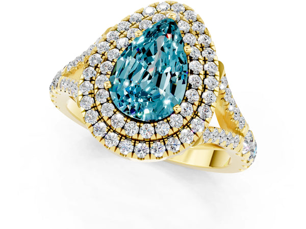 Yellow gold Double Halo Pear Cut Blue Topaz Split Shank Engagement Ring with Four-Prong Setting