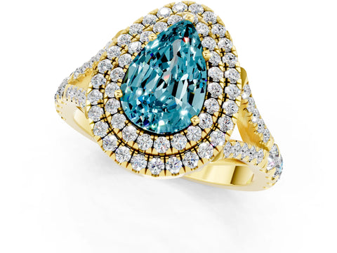 Yellow gold Double Halo Pear Cut Blue Topaz Split Shank Engagement Ring with Four-Prong Setting_1