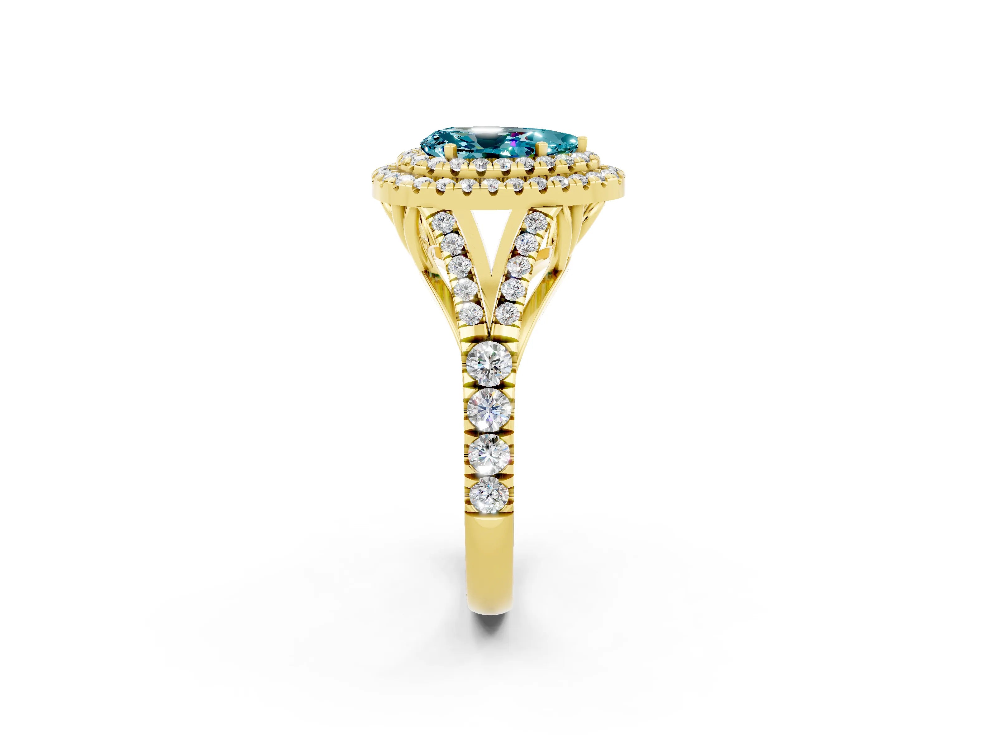 Yellow gold Double Halo Pear Cut Blue Topaz Split Shank Engagement Ring with Four-Prong Setting_2
