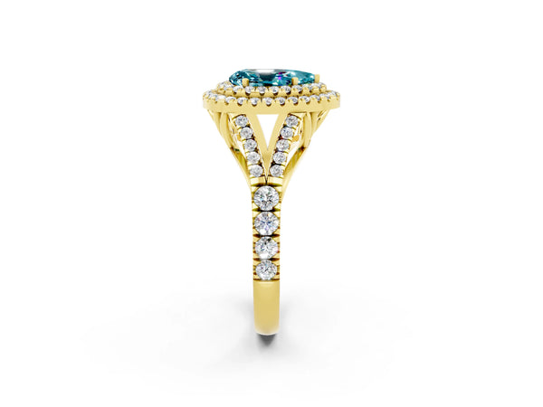 Yellow gold Double Halo Pear Cut Blue Topaz Split Shank Engagement Ring with Four-Prong Setting