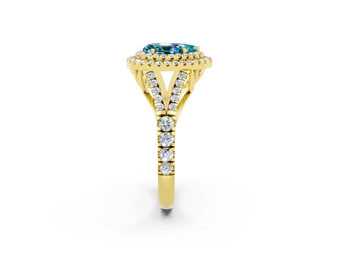 Yellow gold Double Halo Pear Cut Blue Topaz Split Shank Engagement Ring with Four-Prong Setting_2
