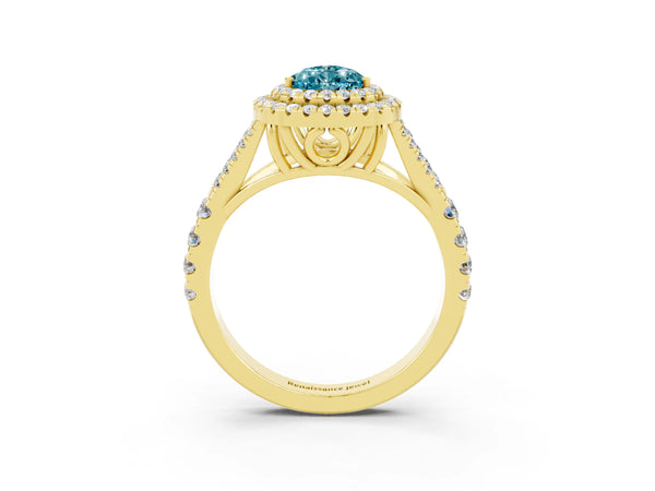 Yellow gold Double Halo Pear Cut Blue Topaz Split Shank Engagement Ring with Four-Prong Setting