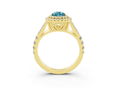 Yellow gold Double Halo Pear Cut Blue Topaz Split Shank Engagement Ring with Four-Prong Setting_3