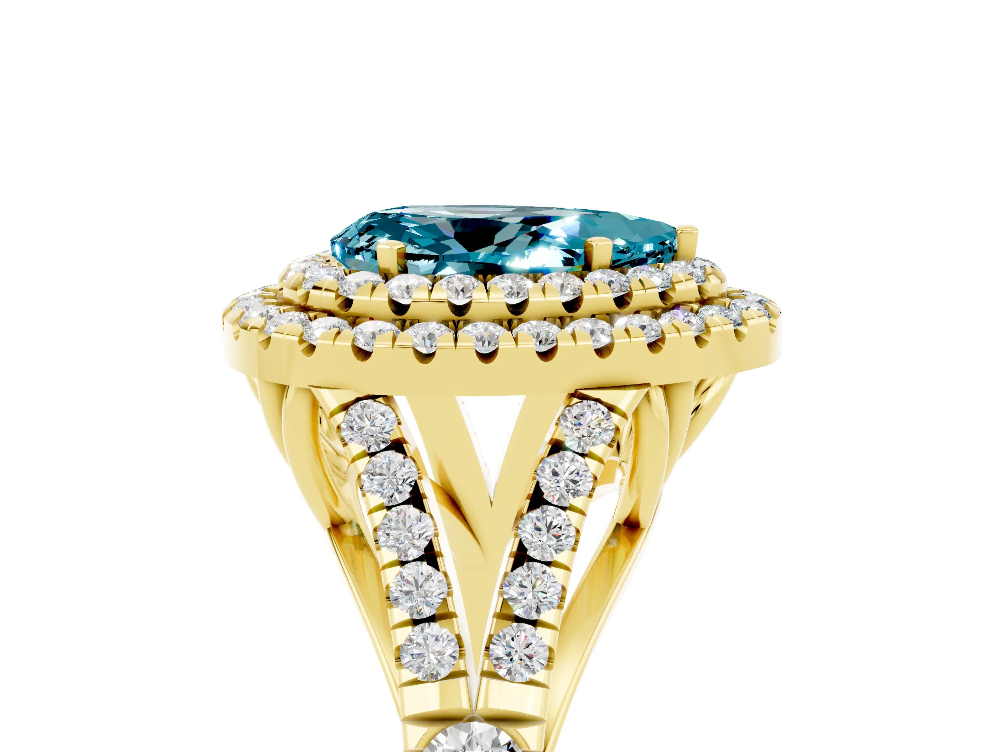 Yellow gold Double Halo Pear Cut Blue Topaz Split Shank Engagement Ring with Four-Prong Setting_5
