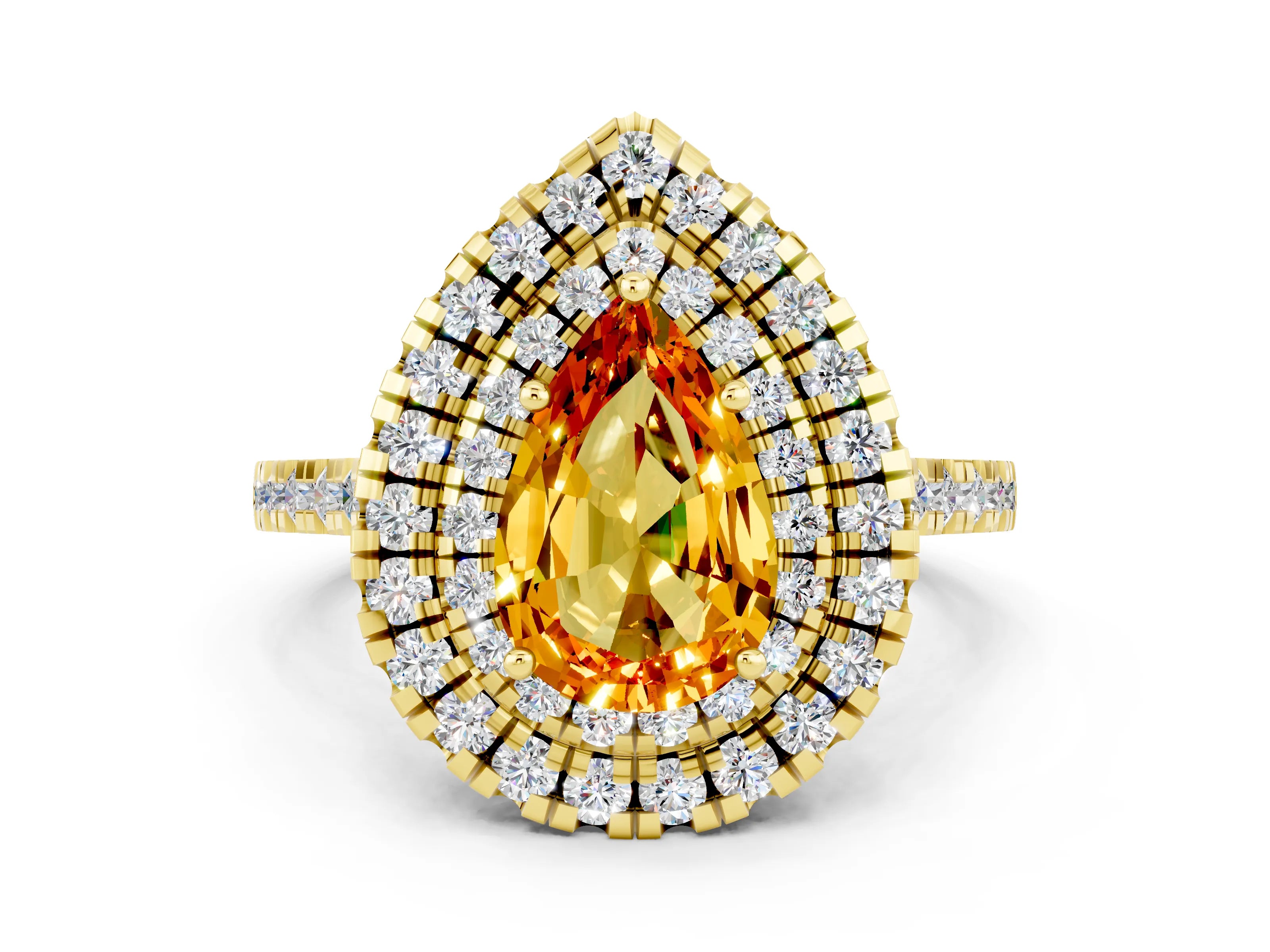 Yellow gold Double Halo Pear Cut Citrine Pavé Band with Four-Prong Setting
