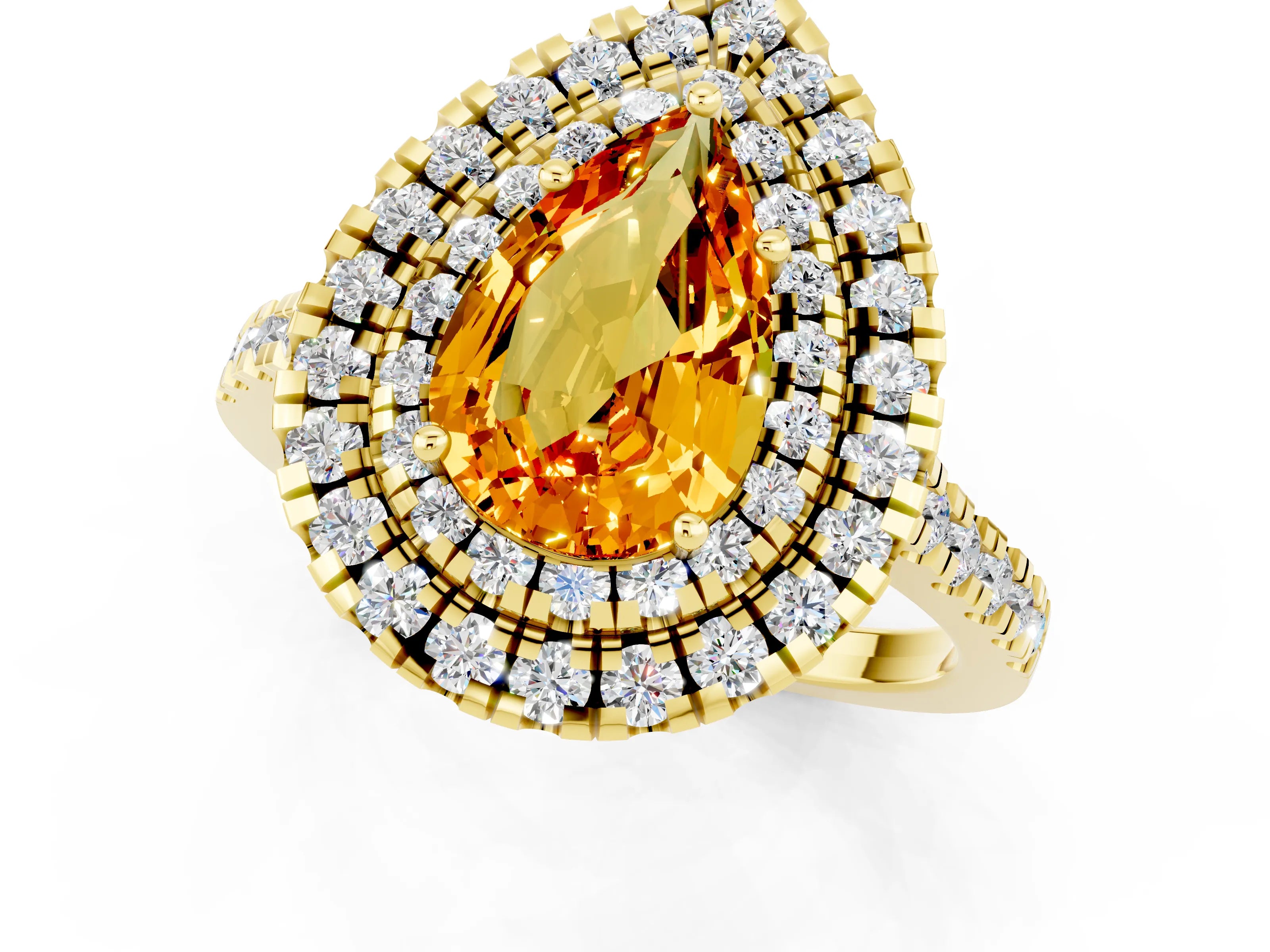 Yellow gold Double Halo Pear Cut Citrine Pavé Band with Four-Prong Setting_1