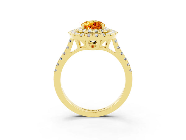 Yellow gold Double Halo Pear Cut Citrine Pavé Band with Four-Prong Setting