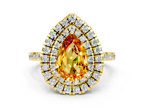 Yellow gold Double Halo Pear Cut Citrine Pavé Band with Four-Prong Setting