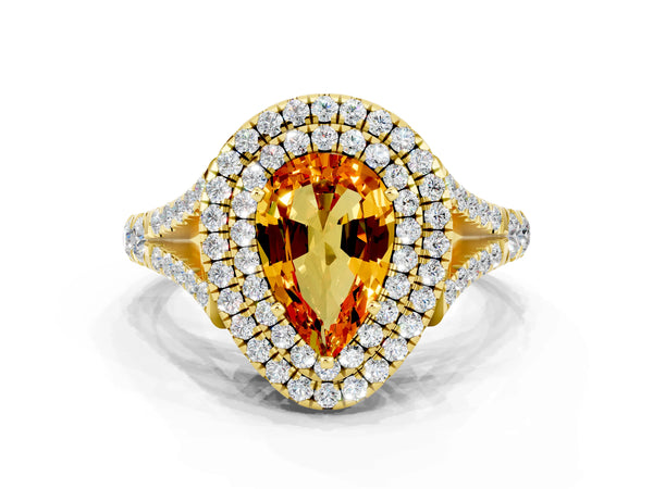 Yellow gold Double Halo Pear Cut Citrine Pavé Split Shank Ring with Prong Setting