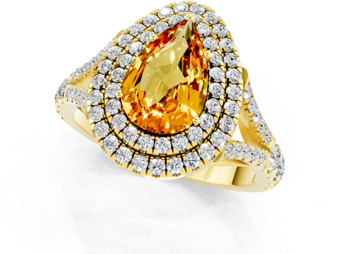 Yellow gold Double Halo Pear Cut Citrine Pavé Split Shank Ring with Prong Setting_1