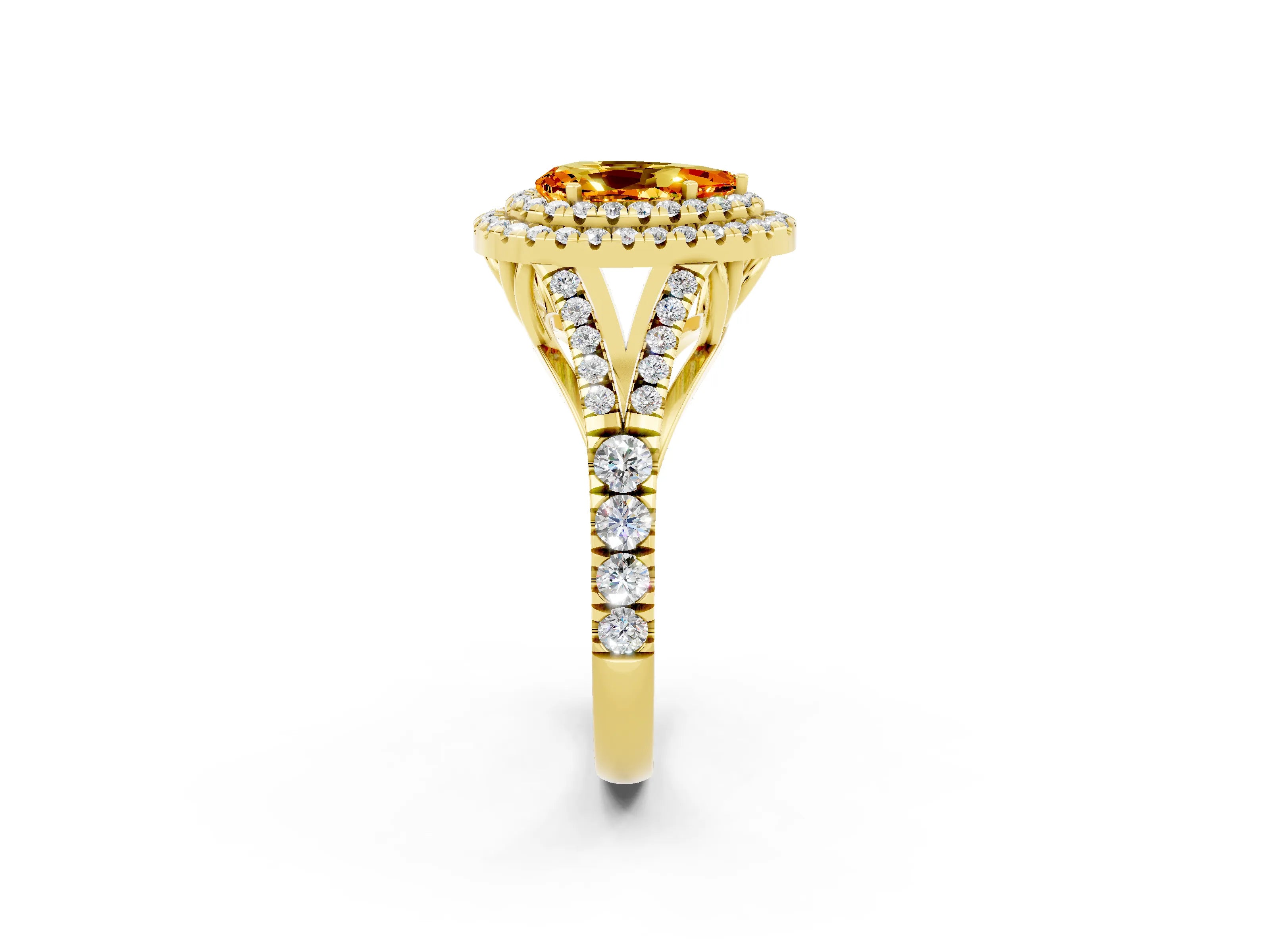 Yellow gold Double Halo Pear Cut Citrine Pavé Split Shank Ring with Prong Setting_2