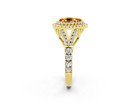 Yellow gold Double Halo Pear Cut Citrine Pavé Split Shank Ring with Prong Setting_2