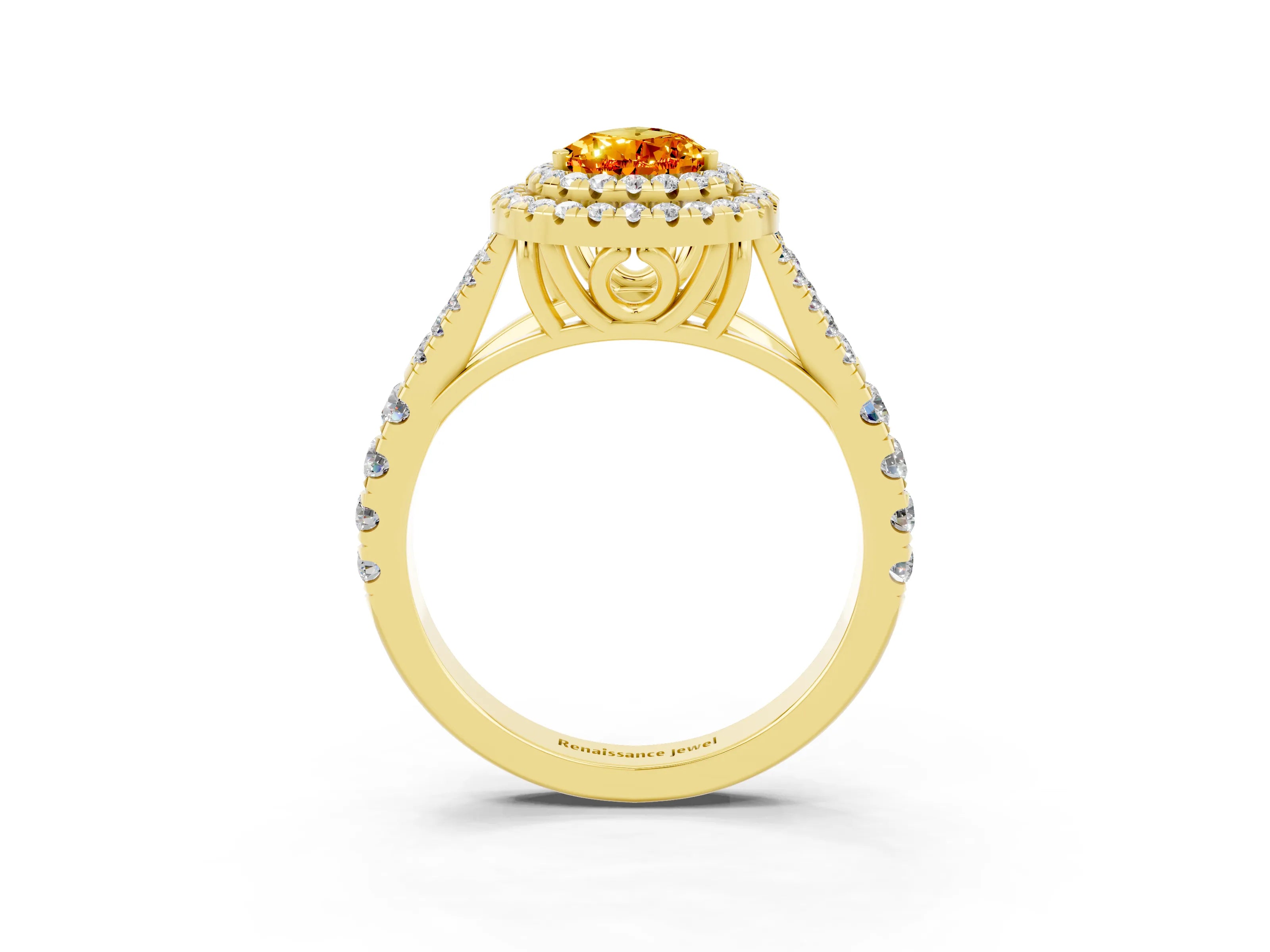 Yellow gold Double Halo Pear Cut Citrine Pavé Split Shank Ring with Prong Setting_3