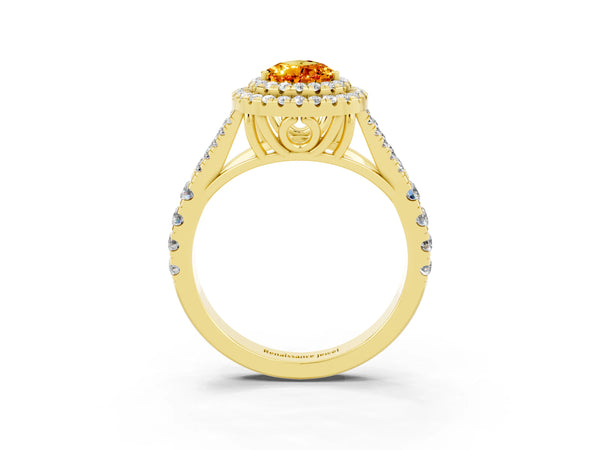 Yellow gold Double Halo Pear Cut Citrine Pavé Split Shank Ring with Prong Setting