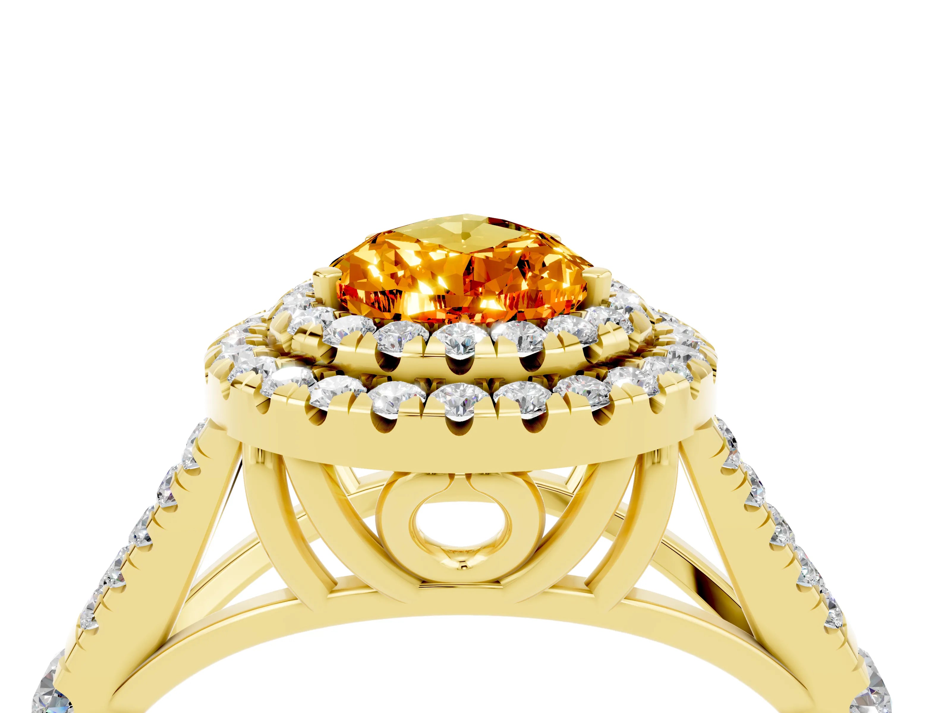 Yellow gold Double Halo Pear Cut Citrine Pavé Split Shank Ring with Prong Setting_4