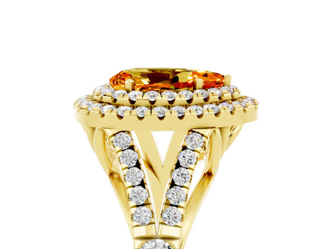 Yellow gold Double Halo Pear Cut Citrine Pavé Split Shank Ring with Prong Setting_5