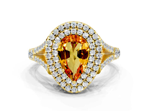 Yellow gold Double Halo Pear Cut Citrine Pavé Split Shank Ring with Prong Setting