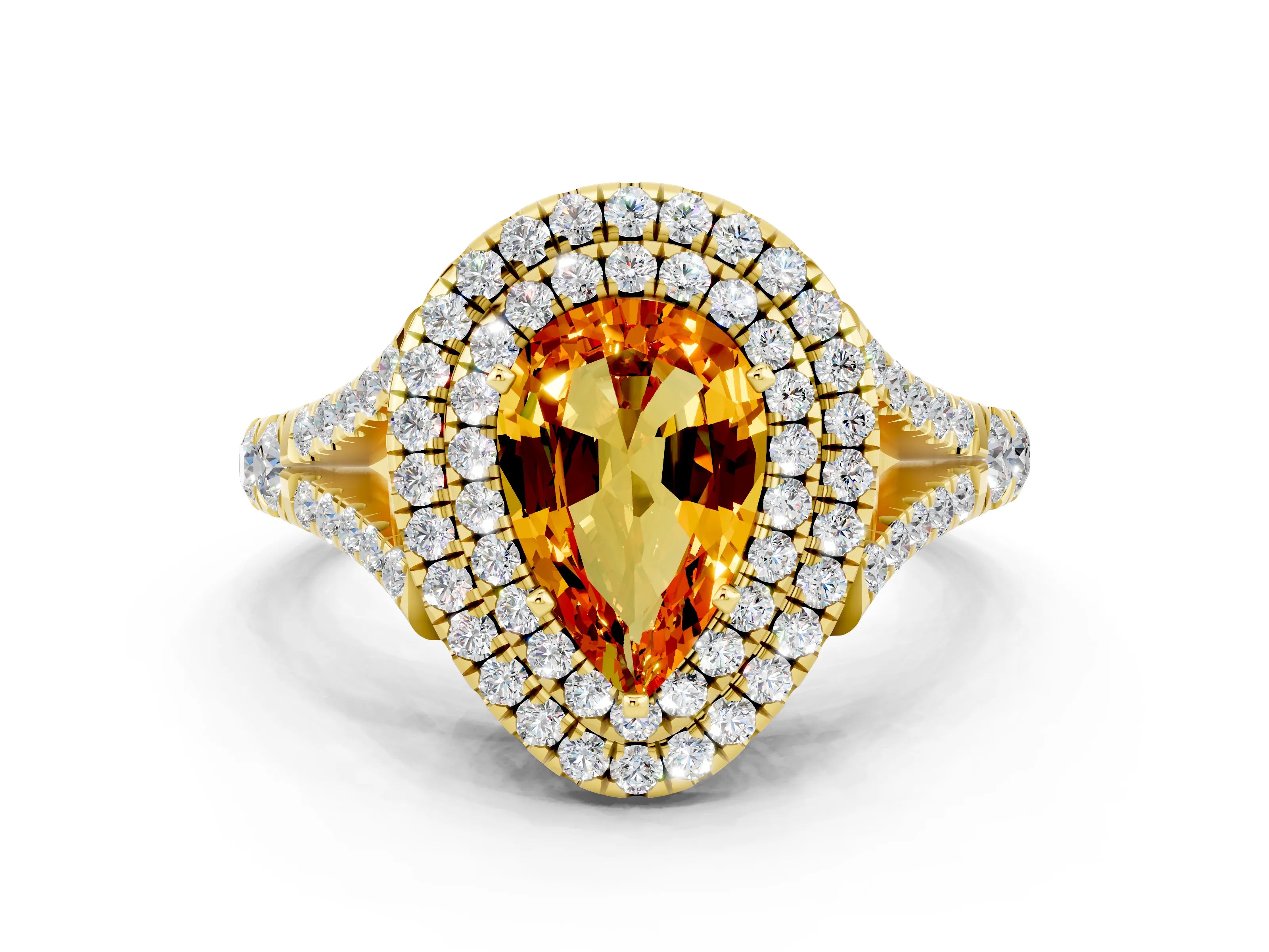 Yellow gold Double Halo Pear Cut Citrine Split Shank Engagement Ring with Four-Prong Setting