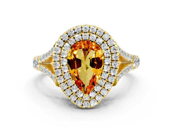 Yellow gold Double Halo Pear Cut Citrine Split Shank Engagement Ring with Four-Prong Setting
