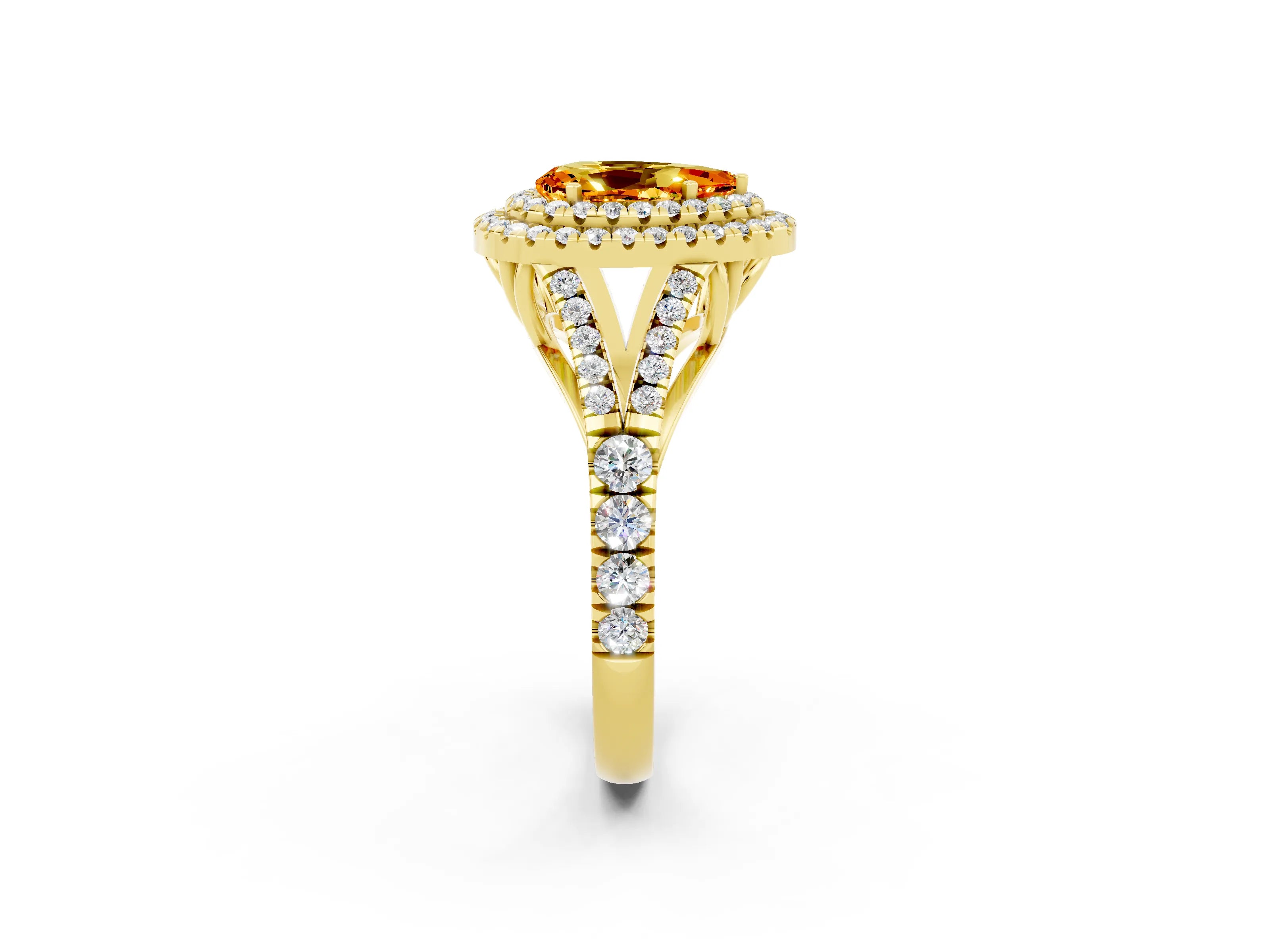 Yellow gold Double Halo Pear Cut Citrine Split Shank Engagement Ring with Four-Prong Setting_2