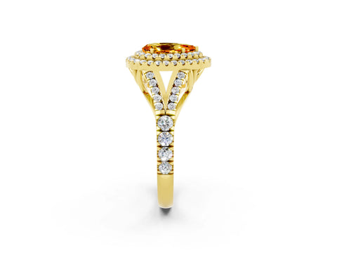 Yellow gold Double Halo Pear Cut Citrine Split Shank Engagement Ring with Four-Prong Setting_2