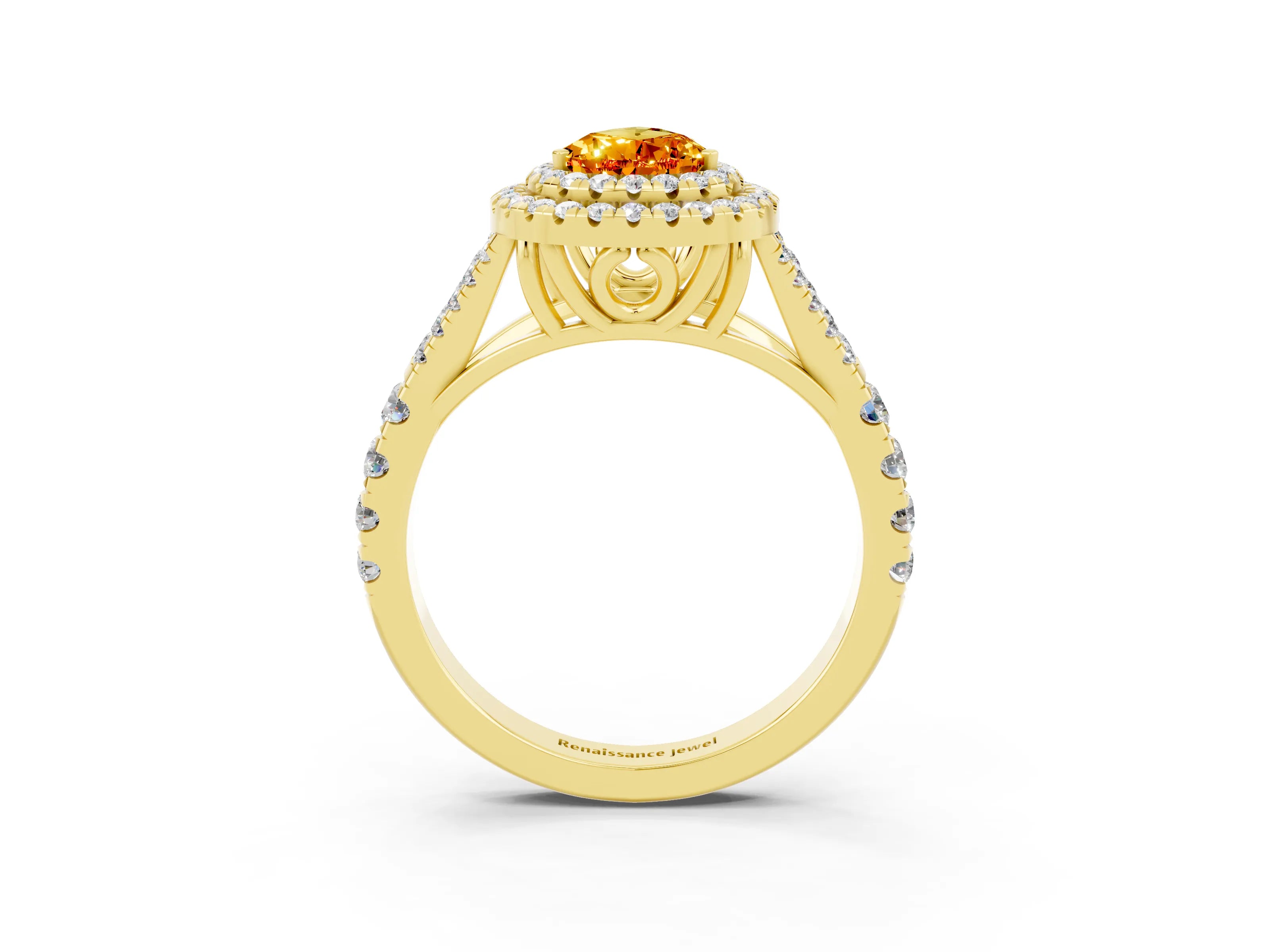 Yellow gold Double Halo Pear Cut Citrine Split Shank Engagement Ring with Four-Prong Setting_3
