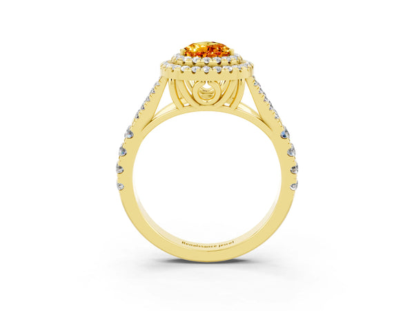 Yellow gold Double Halo Pear Cut Citrine Split Shank Engagement Ring with Four-Prong Setting
