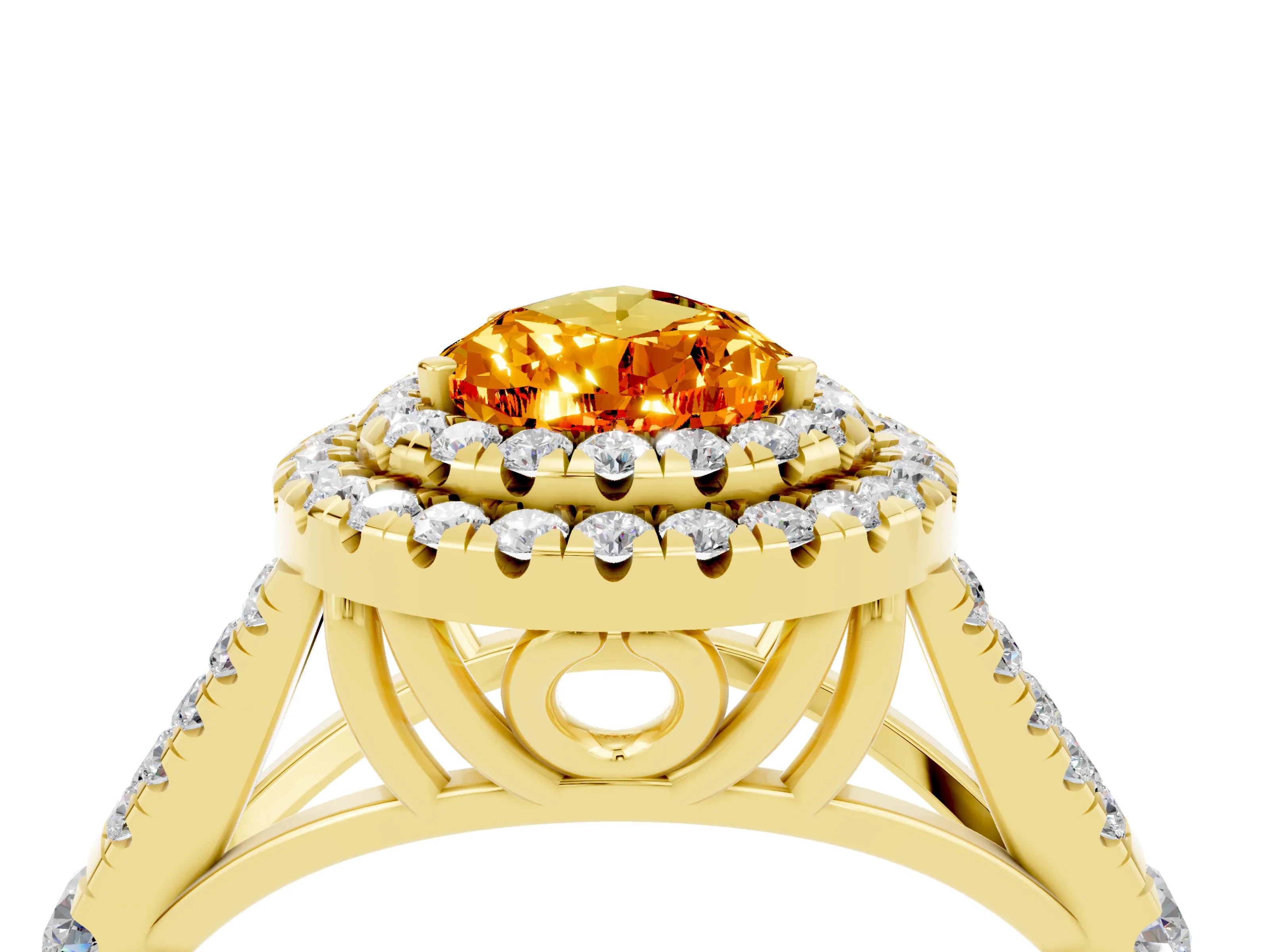 Yellow gold Double Halo Pear Cut Citrine Split Shank Engagement Ring with Four-Prong Setting_4