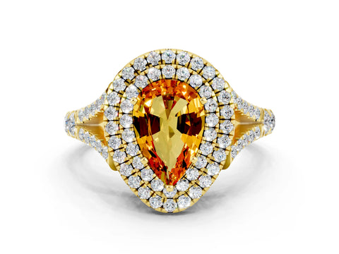 Yellow gold Double Halo Pear Cut Citrine Split Shank Engagement Ring with Four-Prong Setting