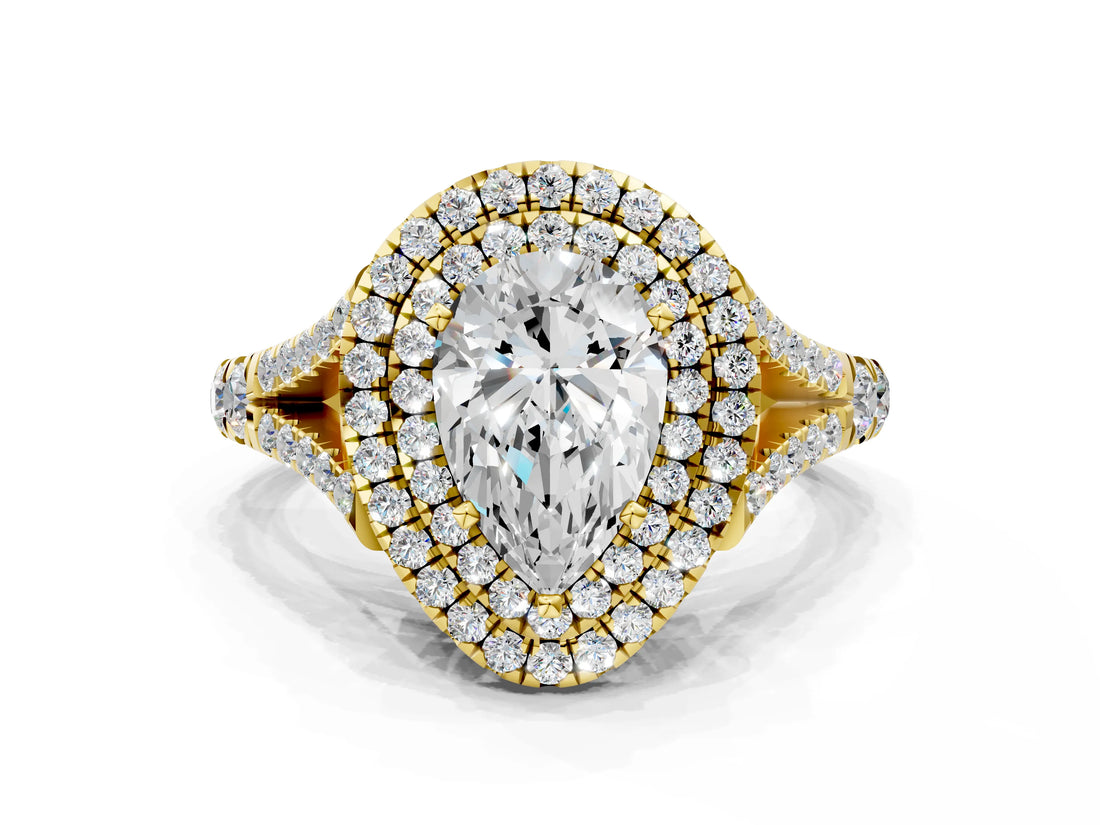 Yellow gold Double Halo Pear Cut Diamond Split Shank Engagement Ring with Four-Prong Setting_7