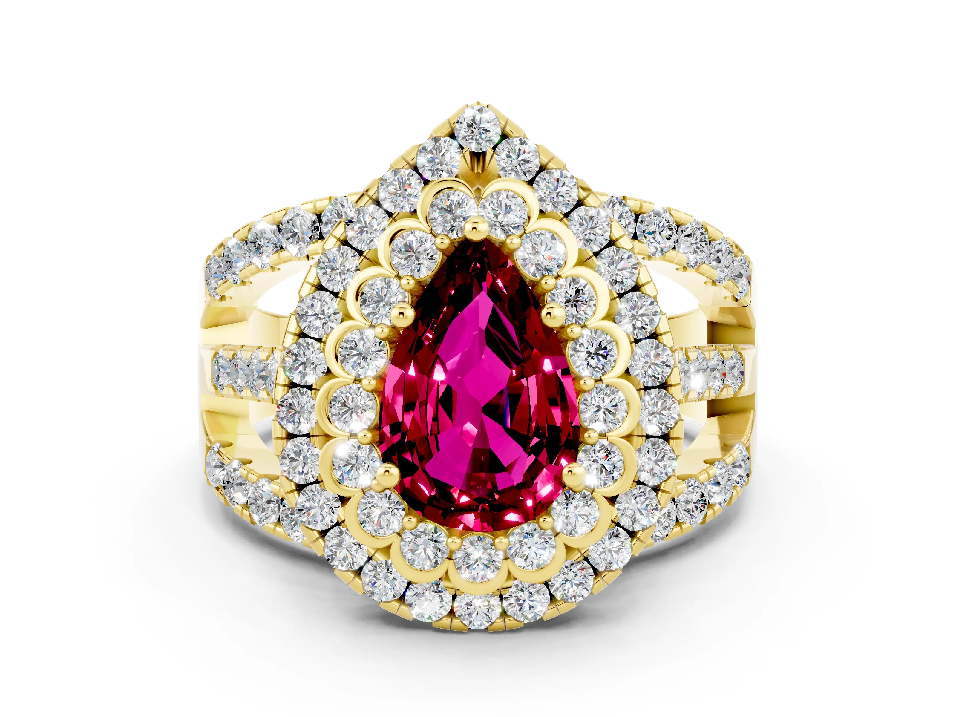 Yellow gold Double Halo Pear Cut Diamond Split Shank Pave Set Ring