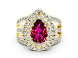 Yellow gold Double Halo Pear Cut Diamond Split Shank Pave Set Ring