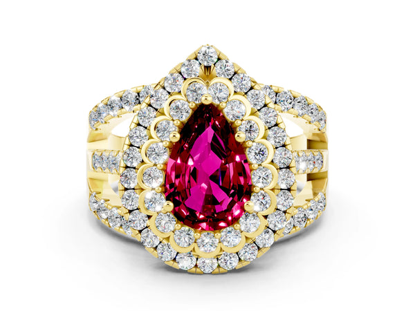 Yellow gold Pear Cut Garnet Double Halo Ring with Round Pavé Split Shank and Prong Setting
