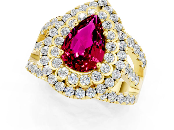 Yellow gold Pear Cut Garnet Double Halo Ring with Round Pavé Split Shank and Prong Setting