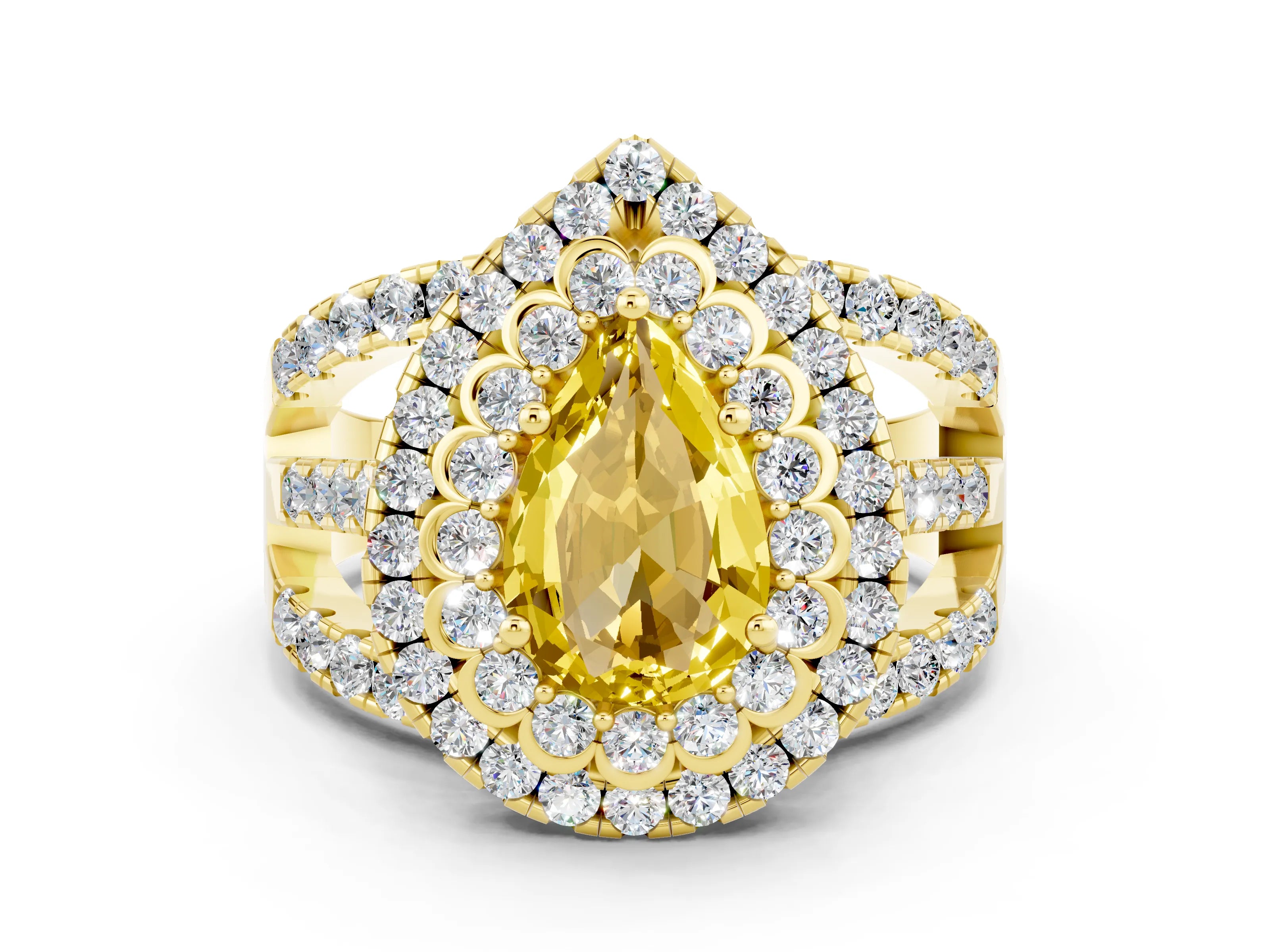 Yellow gold Double Halo Pear Cut Diamond Split Shank Pave Set Ring