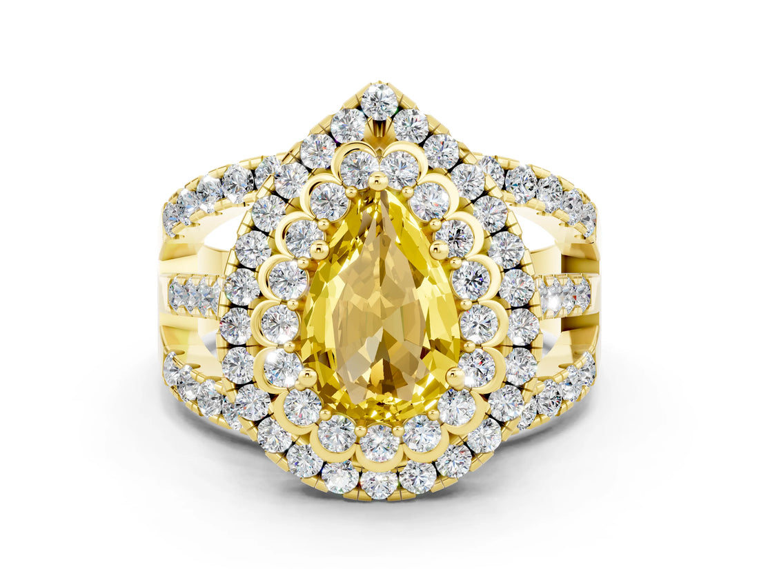 Yellow gold Double Halo Pear Cut Diamond Split Shank Pave Set Ring